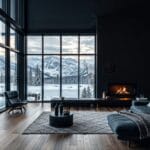 Moderne peis i et norsk hjem med minimalistisk design og utsikt over et vinterlandskap
