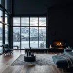 Moderne peis i et norsk hjem med minimalistisk design og utsikt over et vinterlandskap