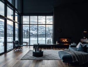 Moderne peis i et norsk hjem med minimalistisk design og utsikt over et vinterlandskap